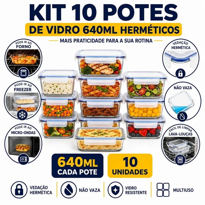 Kit com 10 potes herméticos de vidro
